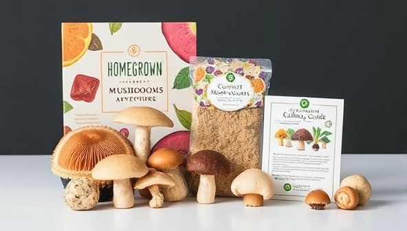 An enticing package design featuring a vibrant assortment of gourmet mushrooms, growing substrate, and a cultivation guide, evoking the essence of homegrown culinary adventures and sustainable food practices.