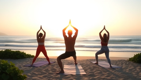 A tranquil sunrise yoga session on a serene beach with participants in peaceful poses, surrounded by lush greenery and calming ocean waves, capturing the essence of mindfulness and well-being in a picturesque retreat setting.