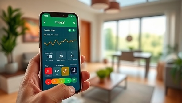 A smartphone displaying the EcoSync Energy app interface, with colorful graphs showing energy usage patterns, smart automation controls, and personalized recommendations for optimizing energy efficiency, set against a backdrop of a modern, eco-friendly home environment, depicting smart energy management in action.