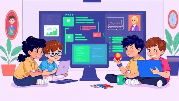An animated scene of a group of children attending a virtual coding class, collaborating on a coding project, solving puzzles, and creating digital animations, reflecting the interactive and educational atmosphere of the virtual coding bootcamp for kids.