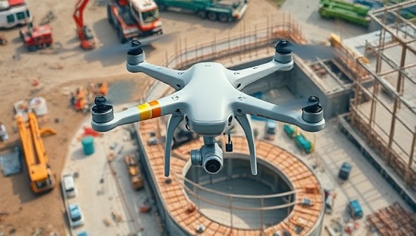 An aerial view of a construction site with a drone hovering overhead, capturing detailed footage of workers, equipment, and building progress, highlighting the efficiency and technological edge of SkySite Surveillance's monitoring services.