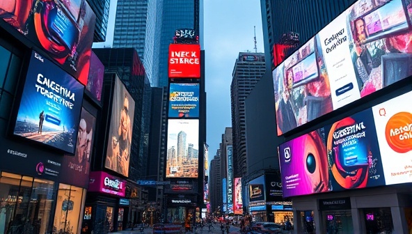An urban setting with digital billboards displaying engaging and interactive digital marketing campaigns, symbolizing the consultancy's ability to captivate audiences in the online realm.