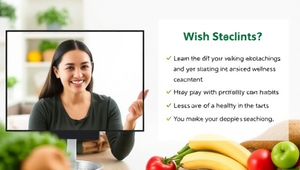 A virtual wellness coaching session with a coach guiding a client through a personalized meal plan and discussing healthy lifestyle habits via a video call, with fresh fruits and vegetables in the background, promoting holistic health and wellness coaching in a virtual setting.