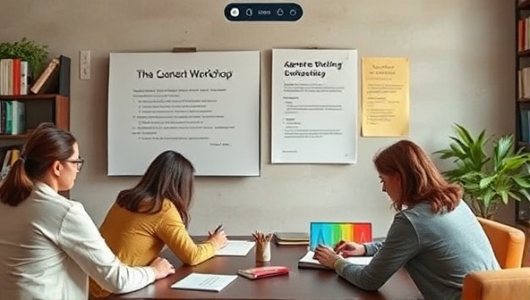 An image of a virtual writing workshop session featuring a genre-specific expert leading a group of writers through a creative exercise, with interactive visuals and collaborative tools, fostering a dynamic and educational writing environment.