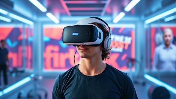 A person wearing a VR headset in a bright, futuristic gym environment, surrounded by virtual workout equipment and motivational visuals, showcasing the immersive and innovative fitness experience of VR Fit Boost.