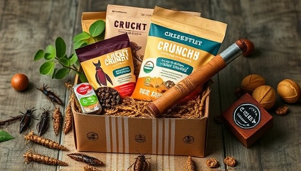 An artistic image of a Cricket Crunch Box filled with an assortment of insect-based snacks, creatively arranged with natural elements like leaves and branches, showcasing the novelty and sustainability of edible insect consumption in a visually appealing way.