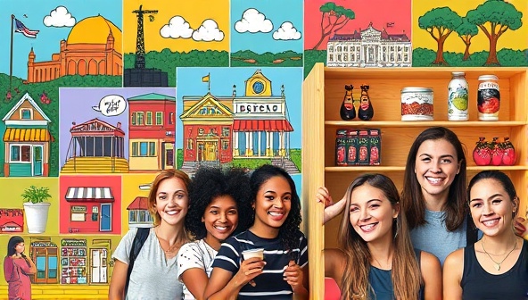 A colorful collage showcasing local landmarks, products, and smiling faces of micro-influencers, representing a vibrant and community-centric marketing approach tailored to neighborhood businesses.