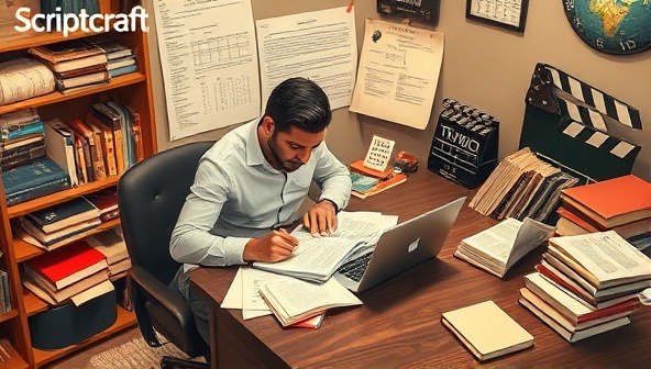 A visual representation of a scriptwriter engrossed in crafting a screenplay at a cozy writing desk, surrounded by reference books, a laptop, and script notes, with a storyboard and film clapper in the background, capturing the essence of creativity, focus, and cinematic storytelling at ScriptCraft Studio.