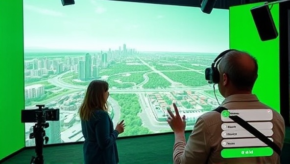 An immersive virtual tour setup with a guide in front of a green screen displaying a cityscape, interactive maps, cultural artifacts, and a digital chat window for participant engagement, creating a dynamic and educational experience.