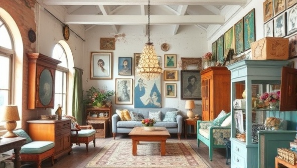 An eclectic interior space showcasing a mix of vintage architectural elements, upcycled furniture pieces, and salvaged materials creatively integrated into the decor, creating a unique and environmentally conscious design aesthetic that inspires sustainable living and creativity.