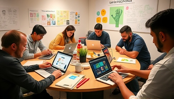 A vibrant workshop setting with participants actively engaged in mobile design exercises on laptops and tablets, surrounded by design tools, sketches, and colorful mobile interface mockups, capturing the dynamic and interactive nature of MobiDesignLab's workshops.