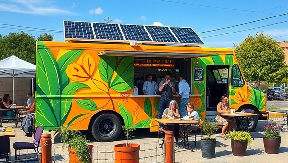 A vibrant food truck adorned with green leaf motifs, solar panels on the roof, and customers happily dining at outdoor tables surrounded by potted plants, conveying a sustainable and community-oriented dining experience.