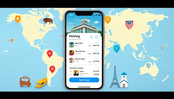 An innovative and user-friendly mobile app interface displaying a personalized travel itinerary, destination recommendations, and booking options, surrounded by travel icons and a world map background, illustrating the convenience and customization of travel planning apps.