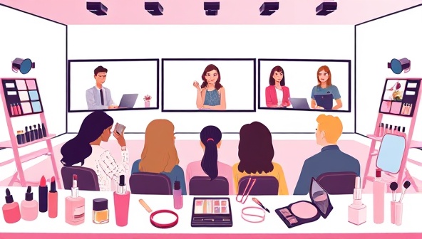 A digital illustration of a virtual beauty masterclass setting, featuring a diverse group of participants engaging with beauty experts through screens, surrounded by cosmetic products and beauty tools, illustrating a dynamic and interactive online learning experience in the beauty realm.