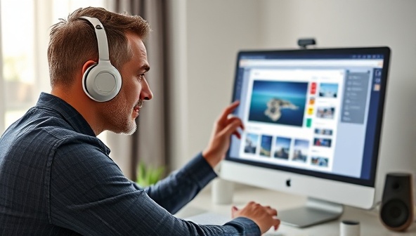 An individual interacting with a voice-activated device, commanding website design changes while a responsive AI assistant visualizes the modifications in real-time on a computer screen, illustrating the seamless and hands-free experience of WebWizard AI.