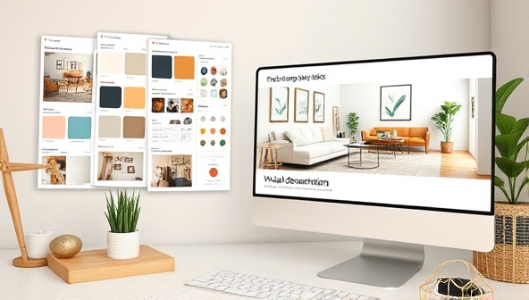A virtual design studio showcasing mood boards, color palettes, and 3D renderings of home renovation projects, with a cozy living room transformation displayed on a computer screen, highlighting the virtual design consultation process.