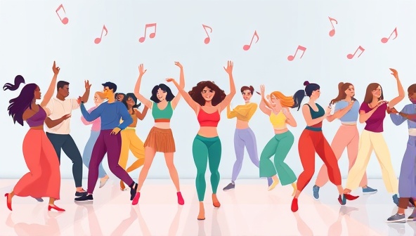 An animated illustration of diverse individuals dancing together in a virtual setting, with vibrant colors, dynamic movement, and musical notes floating around, showcasing the energy and joy of dance fitness.