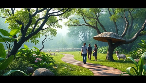 A captivating virtual nature reserve with lush greenery, diverse wildlife, and a virtual environmental educator leading a group of participants on a virtual eco-tour, showcasing a harmonious and immersive environmental education experience in a digital ecosystem.