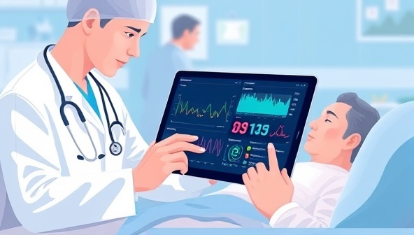 An illustration of a healthcare provider reviewing a patient's real-time health data on a tablet, with graphs and vital signs displayed, showcasing the seamless integration and monitoring capabilities of the remote patient monitoring platform.