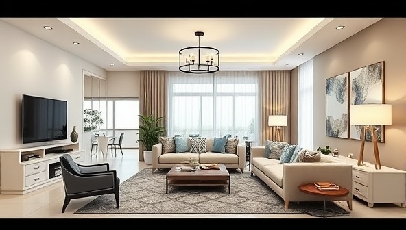 An elegant and modern living room design visualized through a 3D rendering, featuring stylish furniture arrangements, color schemes, and decorative elements, creating a sophisticated and inviting ambiance that reflects the expertise and creativity of DesignVista virtual interior design services.