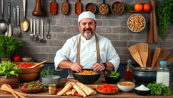 An online cooking class setup with a professional chef presenting a traditional dish from a specific country, surrounded by colorful spices, fresh ingredients, and cooking utensils, creating an immersive and educational culinary experience.
