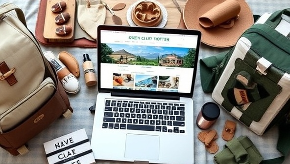 An aesthetically pleasing and environmentally conscious travel setup featuring eco-friendly travel products, reusable accessories, and a laptop displaying the Green Globe Trotter blog, showcasing a blend of sustainable travel inspiration and ethical consumerism in action.