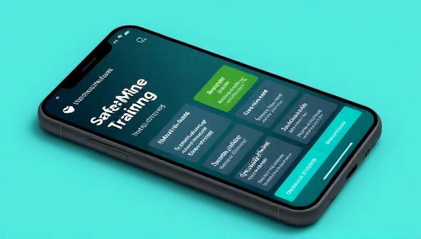 A smartphone screen displaying the SafeMine Training app interface with interactive safety training modules, quizzes, and progress tracking features, showcasing the user-friendly design and engaging content of the safety training app.