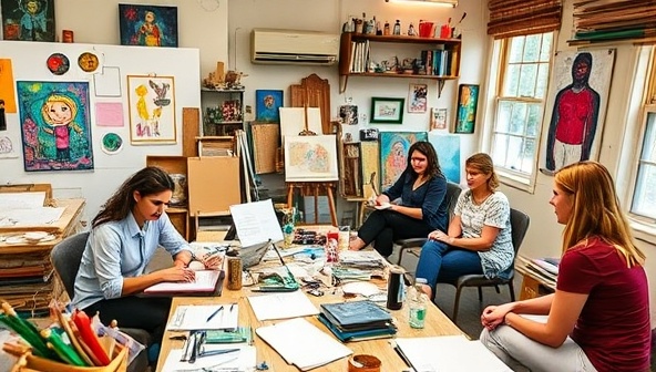 A vibrant studio space filled with art supplies, sketches, and colorful artworks, with an accountant from ArtisticLedger Solutions engaging with a group of artists, discussing financial strategies and budgeting plans specific to the creative industry, fostering a collaborative and artistic atmosphere.