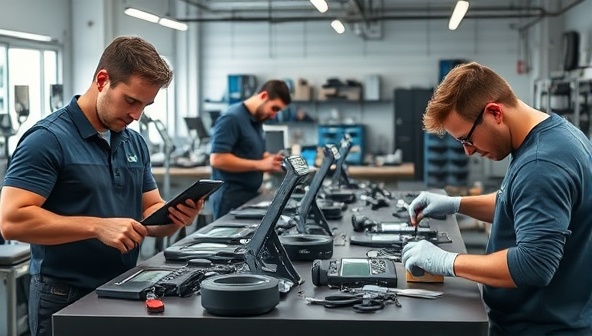 An array of fitness technology devices being expertly repaired and upgraded by skilled technicians in a modern workshop setting, with high-tech tools, diagnostic equipment, and a focus on precision and quality craftsmanship, showcasing the expertise and reliability of FitTech Revive's tech services.