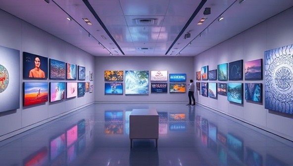 An immersive digital gallery environment displaying a diverse collection of digital artworks, with interactive elements and virtual reality features, creating a captivating and innovative art viewing experience.