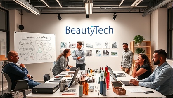 An inspiring image of a collaborative workspace within the BeautyTech Launchpad, featuring entrepreneurs brainstorming ideas on whiteboards, tech gadgets and beauty products scattered on desks, and a diverse group of innovators engaged in discussions, symbolizing creativity and tech innovation in the beauty industry.