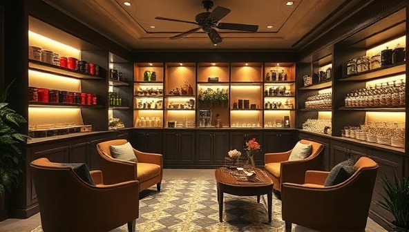 A serene tea lounge setting with soft lighting, cozy seating areas, and shelves adorned with exotic tea canisters and teaware, inviting customers to relax and immerse themselves in the world of premium teas, creating a tranquil and sophisticated tea haven.