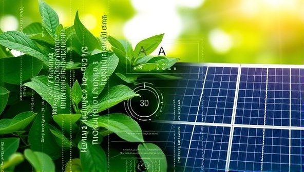 An artistic representation of a digital interface merging with natural elements like leaves and solar panels, symbolizing the harmony between technology and nature in the eco-friendly web design services offered by GreenPixel Studios.