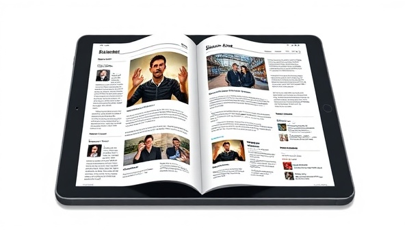 An illustration of a tablet displaying an interactive magazine page with embedded videos, interactive graphics, and real-time reader comments, showcasing the immersive and engaging nature of the digital publication.