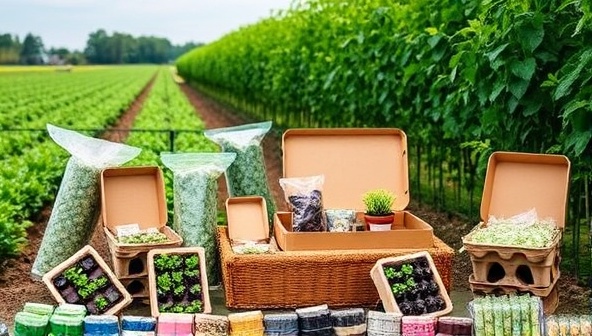 An aesthetic display of eco-friendly agricultural packaging products, including biodegradable mulch films, compostable seedling trays, and plant-based packaging materials, arranged in a lush farm setting to emphasize the harmony between sustainable packaging and agriculture.