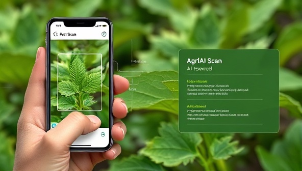 An engaging mobile app interface showcasing a farmer using AgriAI Scan to scan a plant leaf for disease diagnosis, with instant AI-powered feedback on the screen indicating the specific disease detected and recommended treatment measures, demonstrating the simplicity and effectiveness of AI in agriculture.