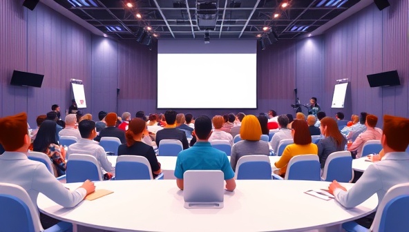 An animated virtual event space with customizable avatars interacting in a virtual conference hall, showcasing the platform's immersive and engaging environment for online gatherings.
