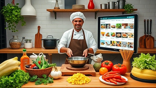 An engaging virtual cooking class setup with a professional chef guiding participants through a live stream, showcasing an array of fresh ingredients, cooking utensils, and a digital interface displaying step-by-step recipes, fostering interactive learning and culinary creativity.
