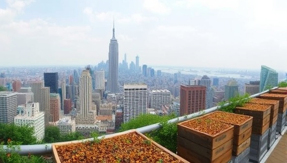 A panoramic view of a bustling city skyline with a serene rooftop apiary in the foreground, showcasing the juxtaposition of urban life and sustainable beekeeping practices offered by BuzzTop Apiaries.