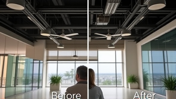 An image of a modern space illuminated by energy-efficient LED lighting fixtures, showcasing the ambiance and energy-saving benefits of upgraded lighting systems, with before-and-after pictures highlighting the transformation.