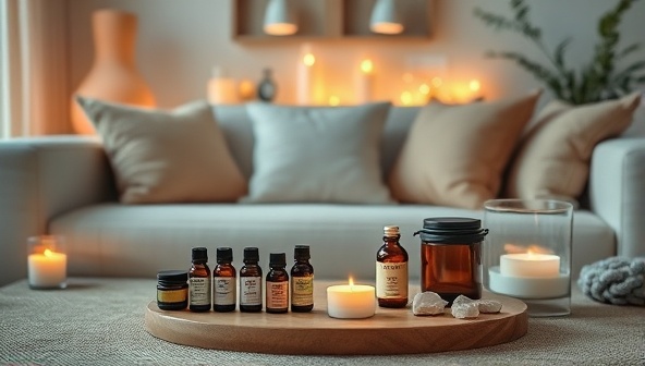 A cozy living room setting with soft ambient lighting, plush cushions, and a tranquil atmosphere, featuring a beautifully displayed collection of wellness products like essential oils, candles, and calming crystals, creating a serene and inviting space for relaxation and mindfulness.