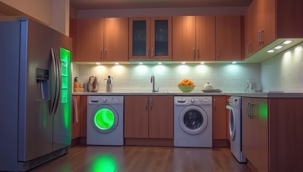 An aesthetic portrayal of a modern kitchen showcasing energy-efficient appliances in use, with a focus on energy-star refrigerators, washing machines, and dishwashers, emitting a green glow to symbolize sustainability and energy conservation in household operations.