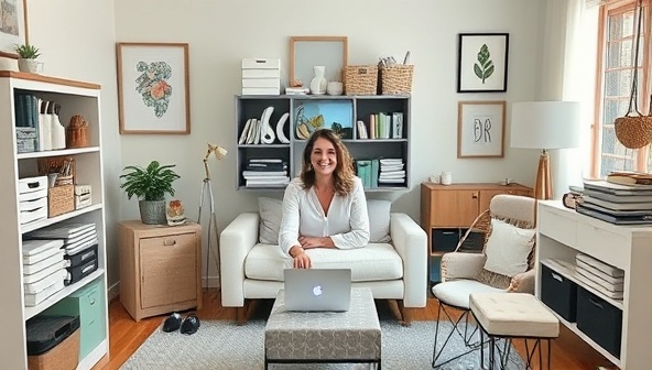 A serene and organized virtual home decluttering session scene with a professional organizer guiding a client through the decluttering process via video call, surrounded by storage solutions, labeling tools, and decluttering checklists, creating a sense of peace and order.