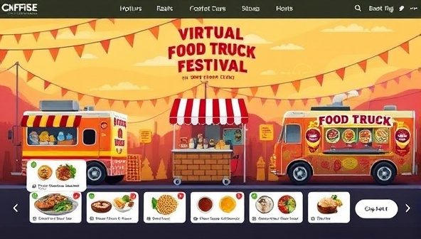 A dynamic virtual food truck festival platform showcasing a variety of food trucks, each with enticing menu items, chef profiles, and interactive elements like virtual queues and live streaming cooking demonstrations, capturing the excitement and diversity of a real food truck festival in an online setting.
