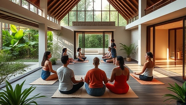 An idyllic retreat setting featuring participants engaging in a group meditation session amidst a serene architectural backdrop, surrounded by lush greenery and natural elements, capturing the essence of harmony between architecture and wellness at Archisoul Retreats.