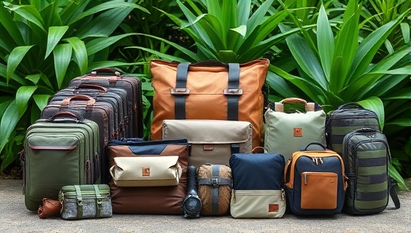An assortment of high-quality eco-friendly travel gear neatly arranged against a backdrop of lush greenery, conveying a sense of sustainability and adventure in harmony with nature.