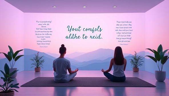 A serene virtual space with calming colors and nature elements, featuring students meditating together in a peaceful setting, surrounded by inspirational quotes and relaxation aids, reflecting the tranquil and student-friendly atmosphere of CalmU Mindful's mindfulness programs.