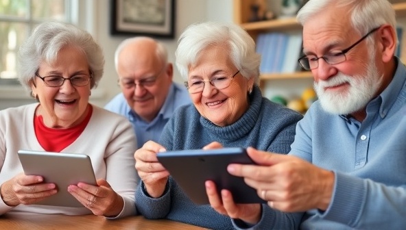An image of a group of seniors playing engaging mobile games on tablets, with expressions of joy and focus, highlighting the social and cognitive benefits of SilverPlay Studios' games for the older demographic.
