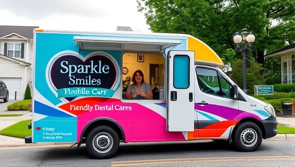 A vibrant mobile dental care unit parked in a residential neighborhood, with a friendly dental technician attending to a content pet inside the unit, showcasing the convenience and professionalism of SparkleSmiles Mobile Dental services directly at the pet owner's doorstep.