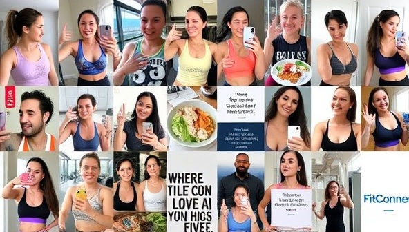 A dynamic and diverse virtual fitness community collage featuring users sharing workout selfies, healthy meal photos, progress updates, motivational quotes, and virtual high-fives, capturing the essence of connectivity, encouragement, and positivity within the FitConnect platform.